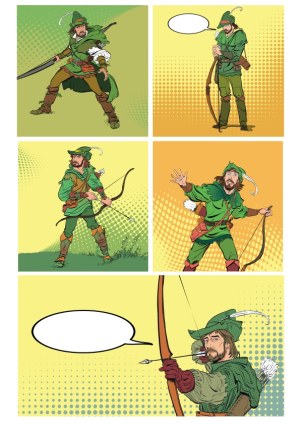 Comic Style Archer in Green Medieval Outfit in Various Poses Free Vector