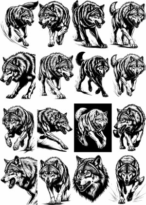 Detailed Black and White Wolf Illustrations Set Free Vector