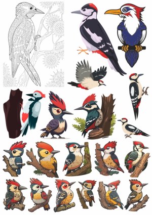 Woodpecker Bird Illustrations and Coloring Page Vectors Free Vector