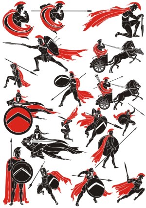 Spartan Warrior Silhouettes with Red Capes and Shields Free Vector