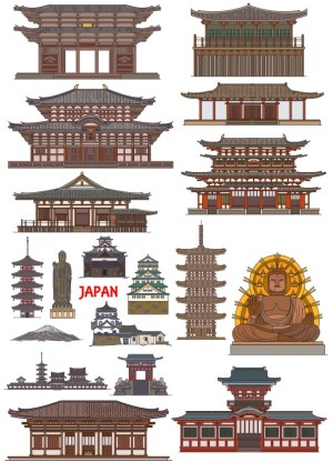 Vector Illustrations of Japanese Temples, Castles, and Buddha Statues Free Vector