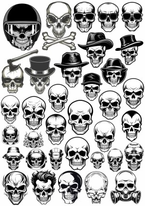 Collection of Detailed Skull Vector Illustrations with Various Accessories Free Vector
