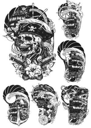 Detailed Black and White Pirate Skull and Ship Vector Collection Free Vector