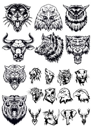 Black and White Fierce Wild Animal Head Illustrations Free Vector