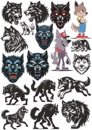 Collection of Wolf and Werewolf Vector Illustrations and Cartoon Characters Free Vector