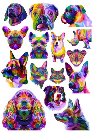 Colorful Geometric Pop Art Dog and Cat Portraits Set Free Vector