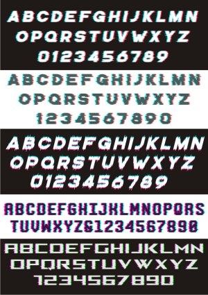 Glitch Distorted Alphabet and Numeric Font Styles Free Vector