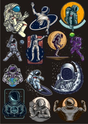 Collection of Twelve Colorful Astronaut Illustrations in Various Poses Free Vector