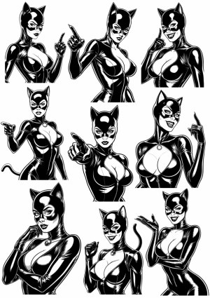 Set of Nine Black and White Catwoman Style Comic Poses Free Vector