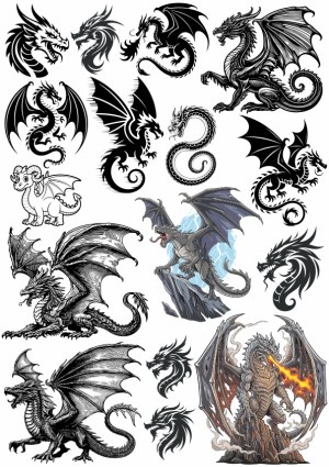 Collection of Black and Colored Dragon Illustrations and Silhouettes Free Vector