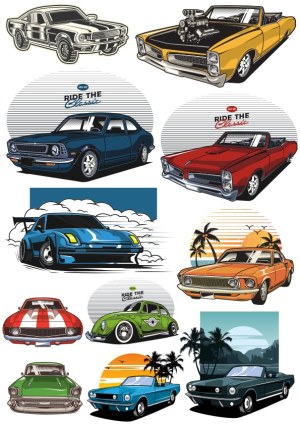 Vintage Muscle Cars and Classic Vehicle Illustrations Free Vector