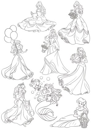 Line Art Vector Illustrations of Elegant Princesses and Mermaid Free Vector