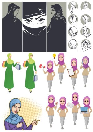 Vector Collection of Women in Hijabs in Various Poses and Expressions Free Vector