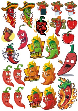 Spicy Chili Pepper Cartoon Characters and Labels Vector Set Free Vector