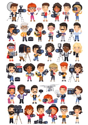 Diverse Cartoon Photographers and Videographers with Cameras and Equipment Free Vector