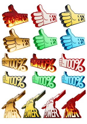 Colorful 3D Thumbs Up, 100 Percent, and Power Fist Vector Icons Free Vector
