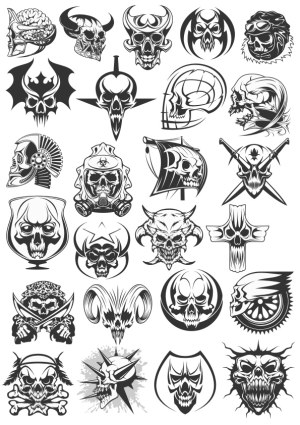 Collection of Black and White Skull and Demon Vector Icons Free Vector