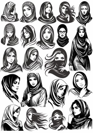 Black and White Vector Illustrations of Women Wearing Hijabs and Headscarves Free Vector