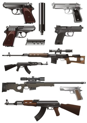 Detailed Vector Illustrations of Various Modern Firearms and Accessories Free Vector