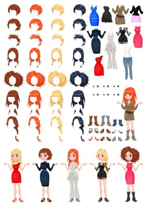 Vector Set of Women Hairstyles, Outfits, Shoes, and Eyes with Five Female Characters Free Vector