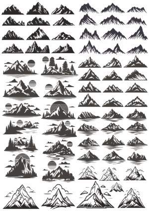 Collection of Black Silhouette Mountain and Nature Vector Designs Free Vector