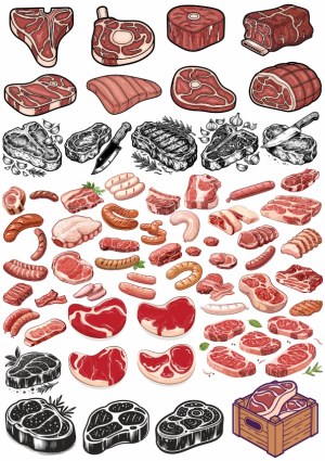 Variety of Raw and Cooked Meat Cuts and Sausages Vector Set Free Vector