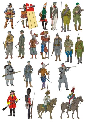 Historical Soldiers and Warriors from Various Eras in Detailed Uniforms Free Vector