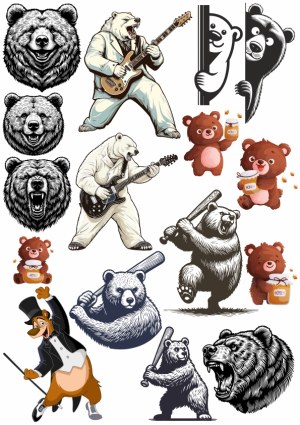 Variety of Bear Illustrations with Musical and Playful Themes Free Vector
