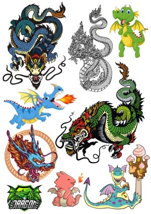 Collection of Colorful and Black-and-White Dragon Vector Graphics Free Vector