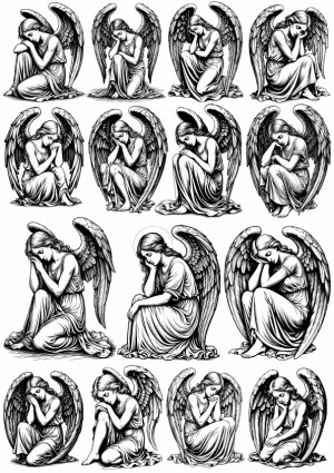 Set of Black and White Mourning Angel Vector Illustrations Free Vector