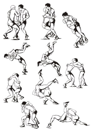 Black and White Vector Illustrations of Wrestling Moves and Holds Free Vector