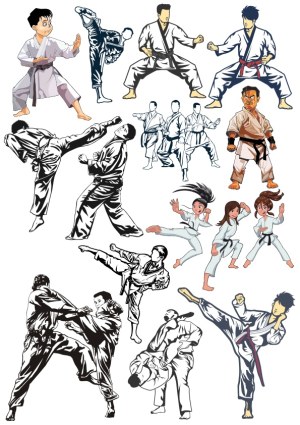 Karate Fighters in Various Poses and Actions Vector Collection Free Vector