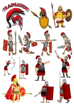 Cartoon Gladiator Warriors and Helmets Vector Set Free Vector