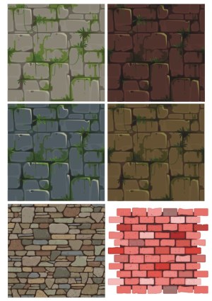 Set of Six Vector Stone and Brick Wall Textures with Different Colors and Moss Details Free Vector