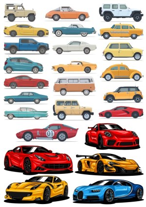 Collection of Classic, Vintage, and Modern Car Vector Illustrations Free Vector