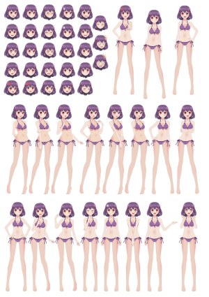 Anime Girl Character Set in Purple Bikini with Multiple Expressions and Poses Free Vector
