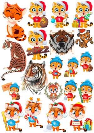 Cute Cartoon Tigers and Realistic Tiger Illustrations with Christmas and New Year 2022 Themes Free Vector