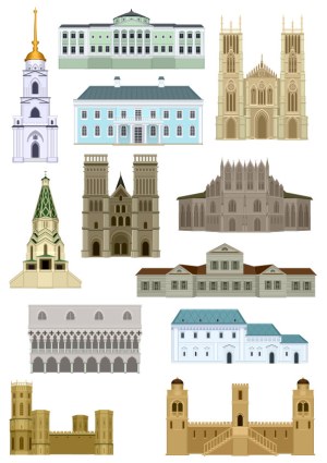 Set of European Historic Architectural Vector Buildings Free Vector