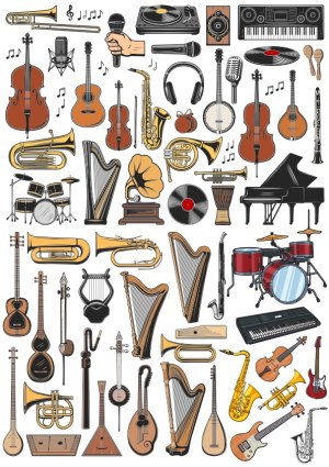 Hand-Drawn Musical Instruments and Audio Equipment Vector Set Free Vector
