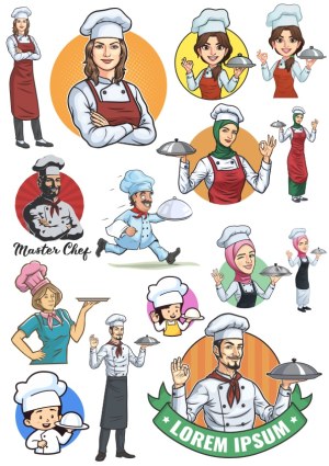 Set of Diverse Chef Characters in Uniform with Food Serving Poses Free Vector