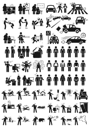 Various Black and White Human Icon Pictograms Illustrating Daily Activities and Situations Free Vector