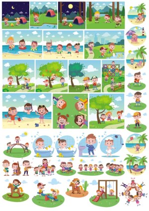 Children Playing Outdoors Cartoon Vector Collection Free Vector