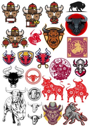 Bull and Ox Vector Icons and Chinese Zodiac Illustrations Free Vector