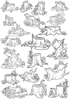 Black and White Line Art of Tree Stumps with Mushrooms and Leaves Free Vector