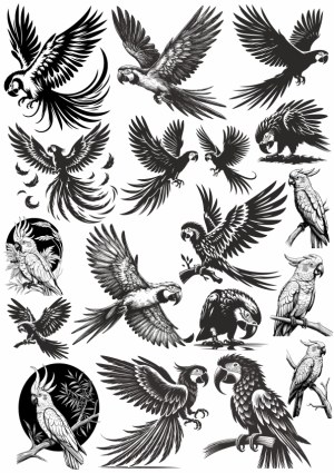 Collection of Black and White Parrot and Macaw Vector Illustrations Free Vector