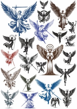 Set of Various Angel Silhouettes and Illustrations Free Vector