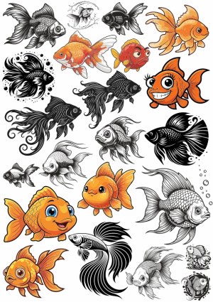 Collection of Colorful and Black-and-White Goldfish Illustrations Free Vector