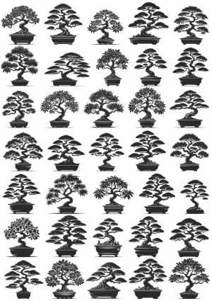 Black Silhouette Collection of Diverse Bonsai Tree Vectors Free Vector
