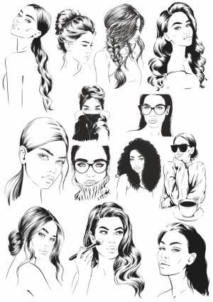 Hand-Drawn Black and White Female Portraits with Various Hairstyles and Accessories Free Vector