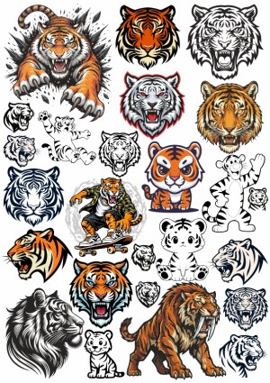 Tiger Artwork Collection with Various Styles and Cartoon Characters Free Vector